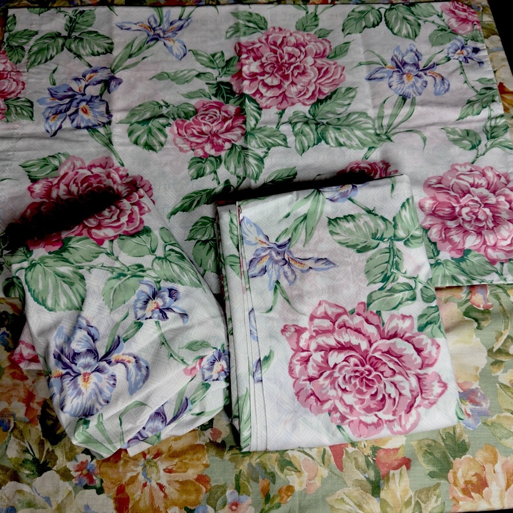 VTG West Point Pepperell Twin Sheet Set Pink Cabbage Rose Iris Shabby Chic